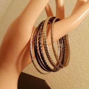 Silver Tone Multi-Texture Bangle Bracelet Set - Women Jewelry
